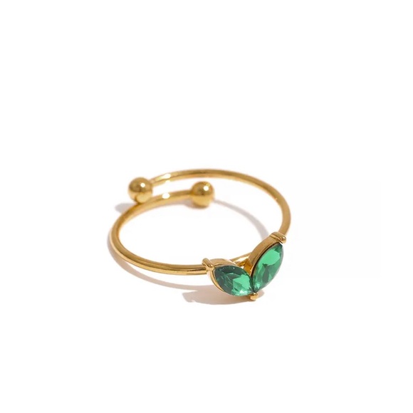 Anthropologie Jewelry - New green emerald CZ Leaves Petal Stainless Steel Open Ring Waterproof